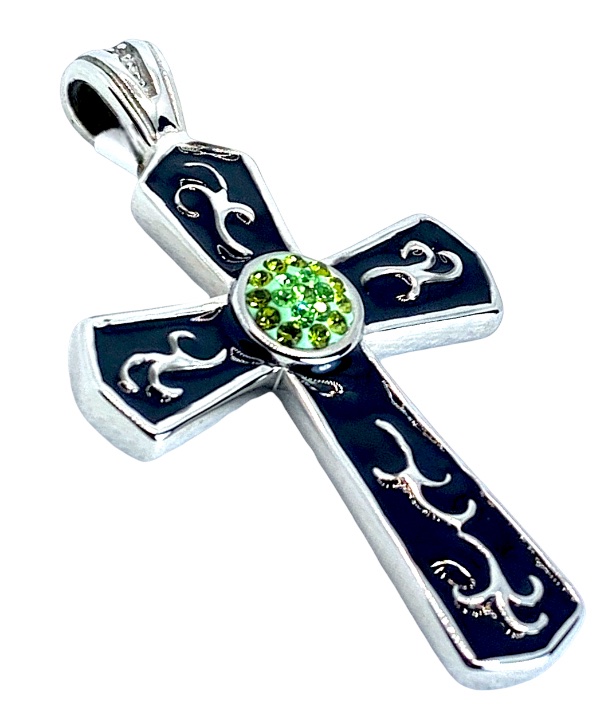 Stainless Steel Cross Charm Enamel SP CZ Green