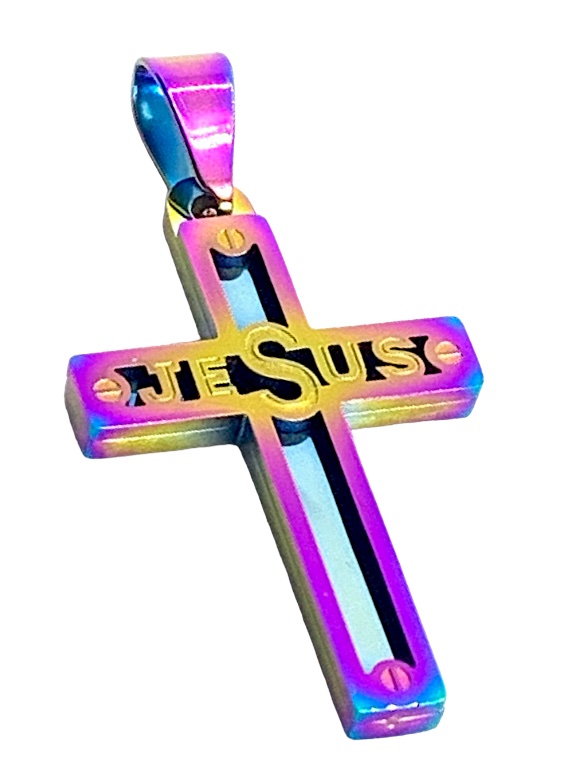 Stainless Steel Rainbow Cross Charm JESUS