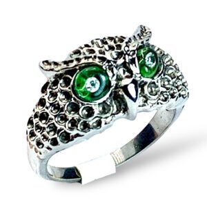 Stainless Steel OWL Ring CZ Green Clear