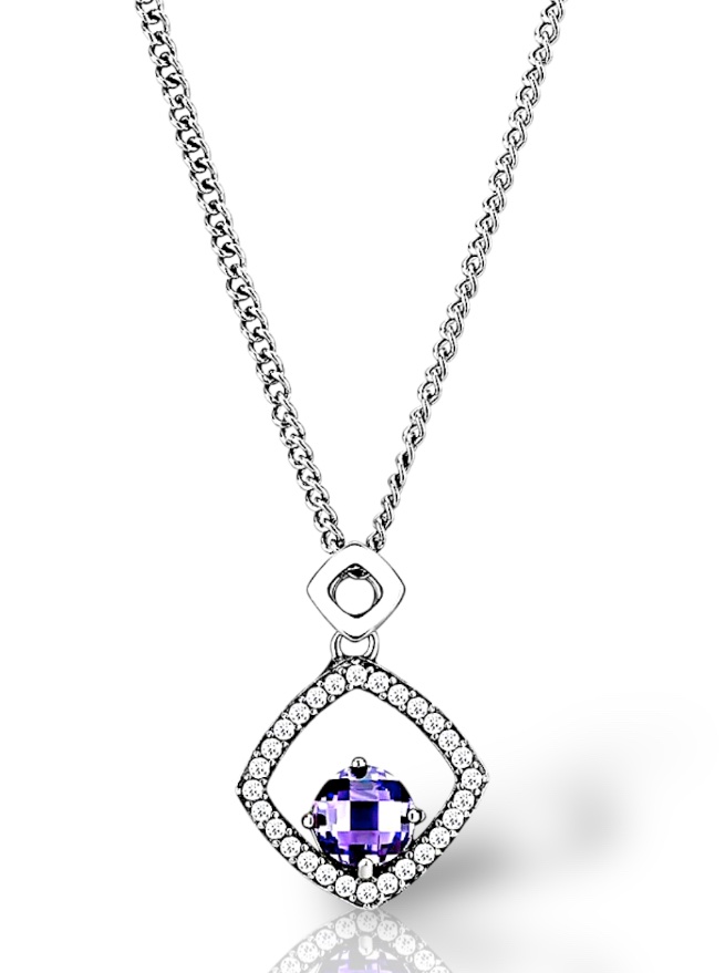 Stainless Steel SET BELLE Chain Pendant CZ Amethyst